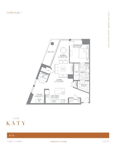 Floor plan for 1 bed, 1.5 baths, 1175 sqft