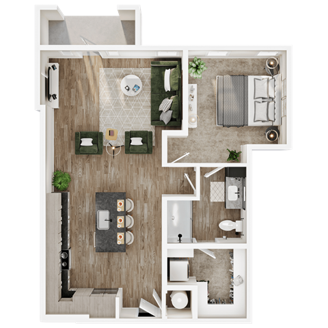 Floor plan for 1 bed, 1 bath, 838 sqft