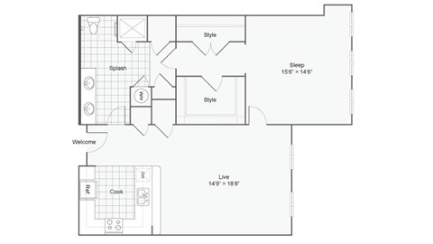 Floor plan for 1 bed, 1 bath, 963 sqft