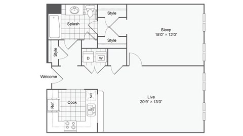 Floor plan for 1 bed, 1 bath, 817 sqft