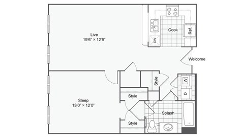 Floor plan for 1 bed, 1 bath, 795 sqft