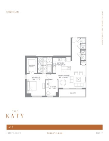 Floor plan for 1 bed, 1.5 baths, 1127 sqft