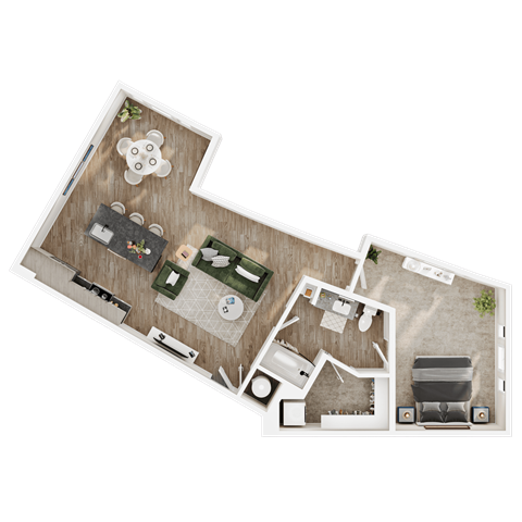 Floor plan for 1 bed, 1 bath, 885 sqft