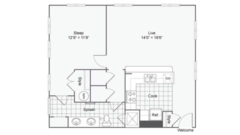 Floor plan for 1 bed, 1 bath, 777 sqft