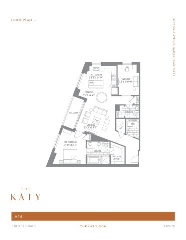 Floor plan for 1 bed, 1.5 baths, 1320 sqft