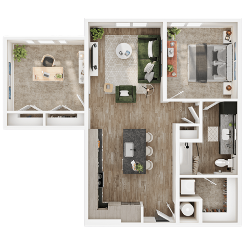 Floor plan for 1 bed, 1 bath, 952 sqft