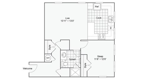 Floor plan for 1 bed, 1 bath, 795 sqft