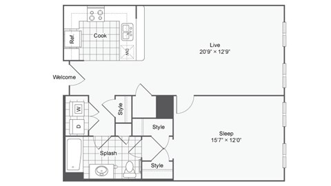 Floor plan for 1 bed, 1 bath, 847 sqft