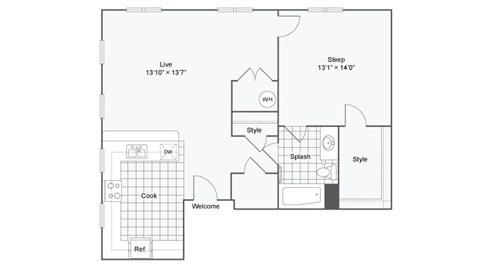 Floor plan for 1 bed, 1 bath, 725 sqft