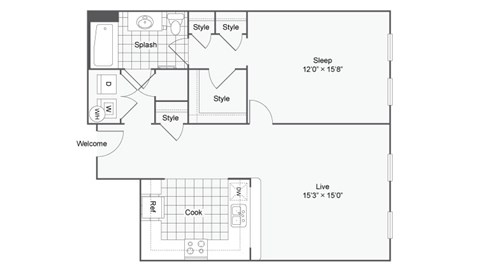 Floor plan for 1 bed, 1 bath, 843 sqft