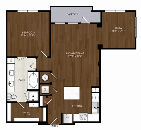 Floor plan for 1 bed, 1 bath, 993 sqft