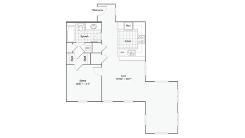Floor plan for 1 bed, 1 bath, 742 sqft