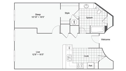 Floor plan for 1 bed, 1 bath, 675 sqft