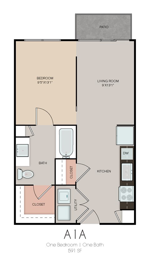 Floor plan for 1 bed, 1 bath, 590 sqft