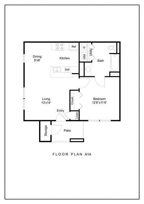 Floor plan for 1 bed, 1 bath, 628 sqft