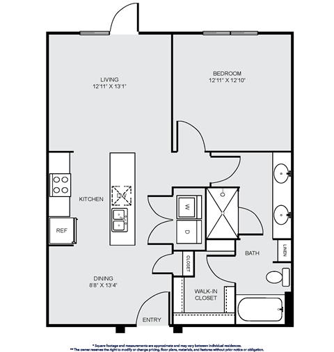 Floor plan for 1 bed, 1 bath, 828 sqft