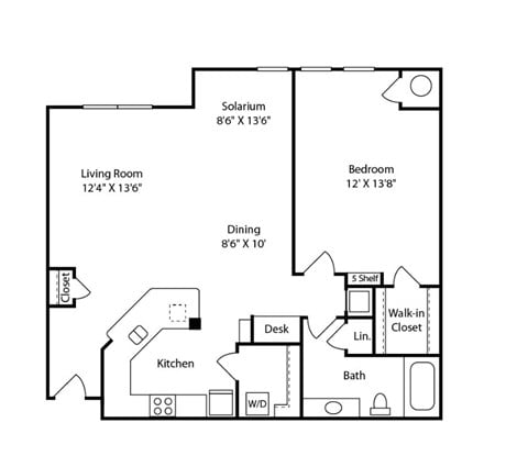 Floor plan for 1 bed, 1 bath, 734 sqft