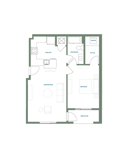Floor plan for 1 bed, 1 bath, 738 sqft