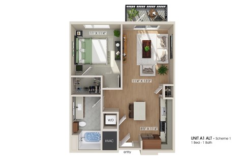 Floor plan for 1 bed, 1 bath, 680 sqft