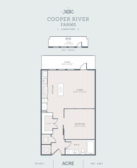 Floor plan for studio, 1 bath, 697 sqft