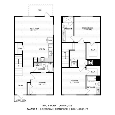 Floor plan for 3 beds, 3 baths, 1499 sqft