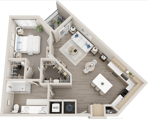 Floor plan for 1 bed, 1 bath, 907 sqft