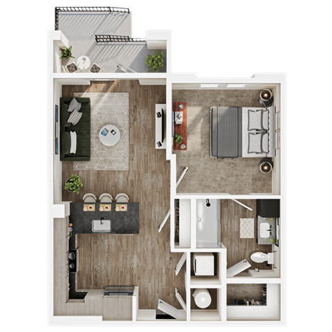 Floor plan for 1 bed, 1 bath, 626 sqft
