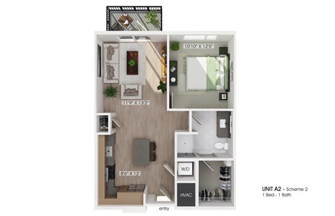 Floor plan for 1 bed, 1 bath, 714 sqft