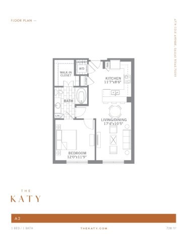 Floor plan for 1 bed, 1 bath, 728 sqft