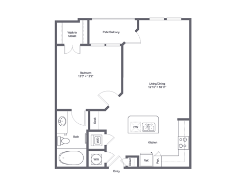 Floor plan for 1 bed, 1 bath, 706 sqft