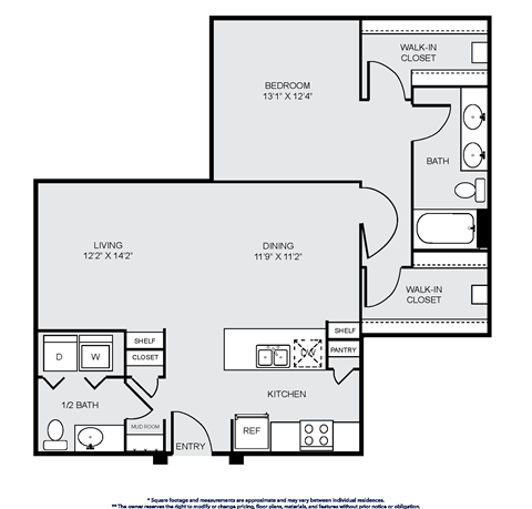 Floor plan for 1 bed, 1.5 baths, 1056 sqft
