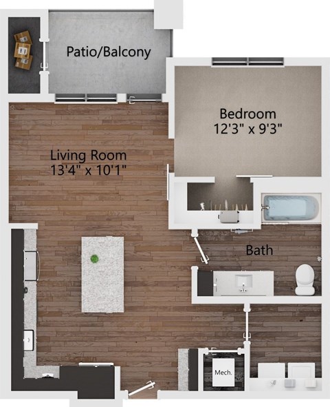 Floor plan for 1 bed, 1 bath, 736 sqft