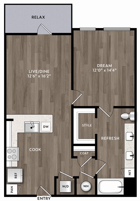 Floor plan for 1 bed, 1 bath, 803 sqft