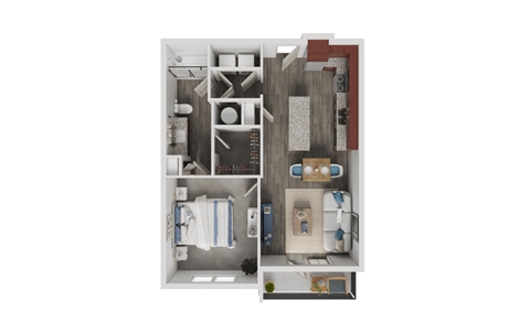 Floor plan for 1 bed, 1 bath, 731 sqft