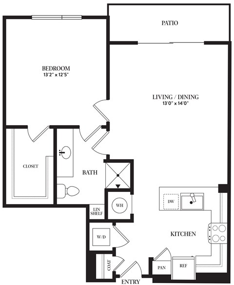 Floor plan for 1 bed, 1 bath, 746 sqft