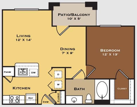 Floor plan for 1 bed, 1 bath, 694 sqft