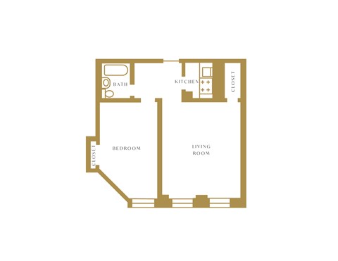 Floor plan for 1 bed, 1 bath, 642 sqft