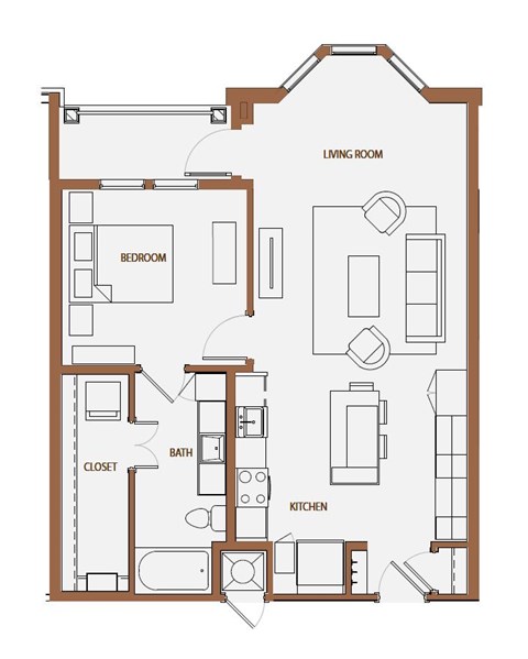 Floor plan for 1 bed, 1 bath, 835 sqft