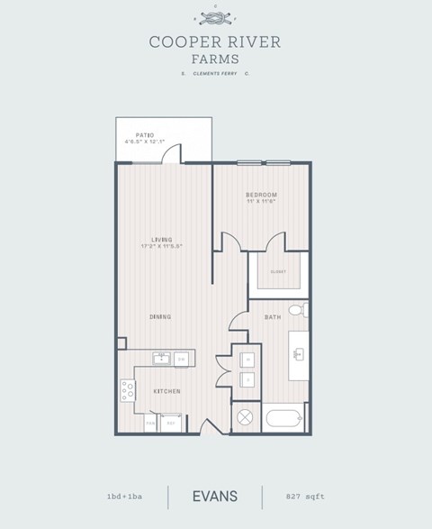 Floor plan for 1 bed, 1 bath