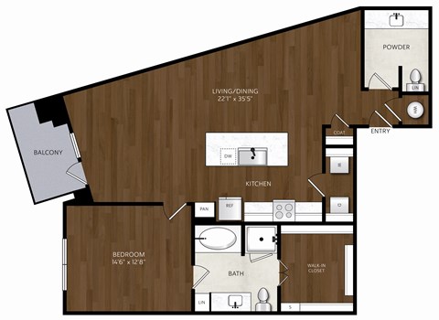 Floor plan for 1 bed, 1 bath, 1090 sqft