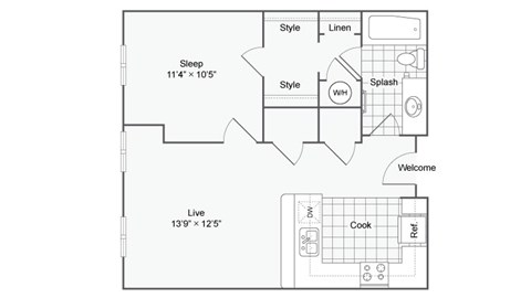 Floor plan for 1 bed, 1 bath, 709 sqft