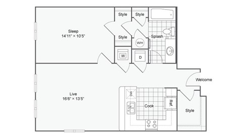 Floor plan for 1 bed, 1 bath, 725 sqft