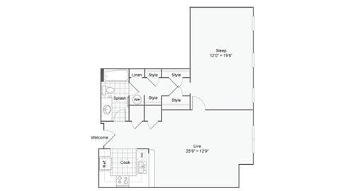 Floor plan for 1 bed, 1 bath, 877 sqft