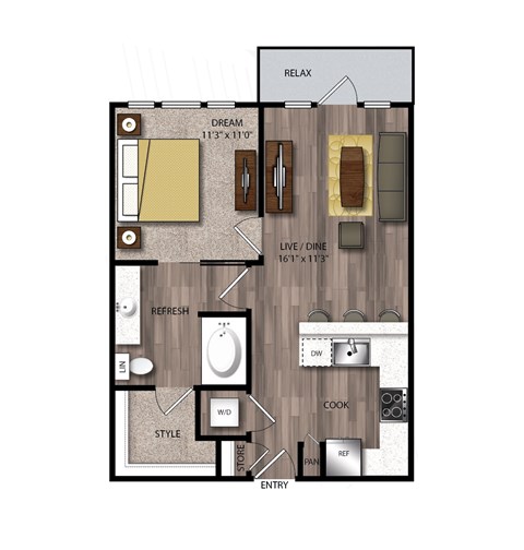 Floor plan for 1 bed, 1 bath, 671 sqft