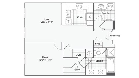 Floor plan for 1 bed, 1.5 baths, 825 sqft
