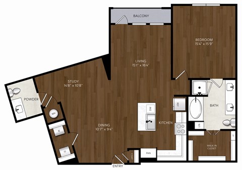 Floor plan for 1 bed, 1 bath, 1165 sqft