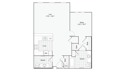 Floor plan for 1 bed, 1.5 baths, 795 sqft