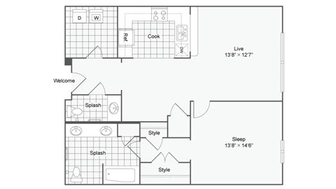 Floor plan for 1 bed, 1.5 baths, 915 sqft