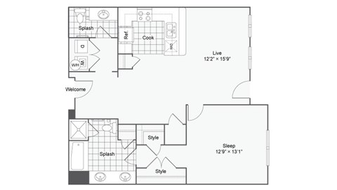 Floor plan for 1 bed, 1.5 baths, 1003 sqft
