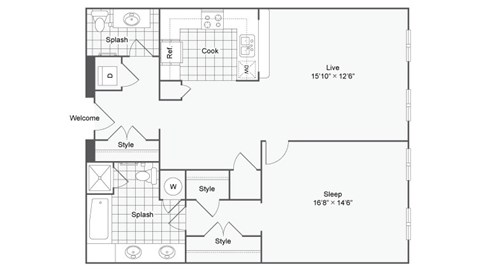 Floor plan for 1 bed, 1.5 baths, 962 sqft